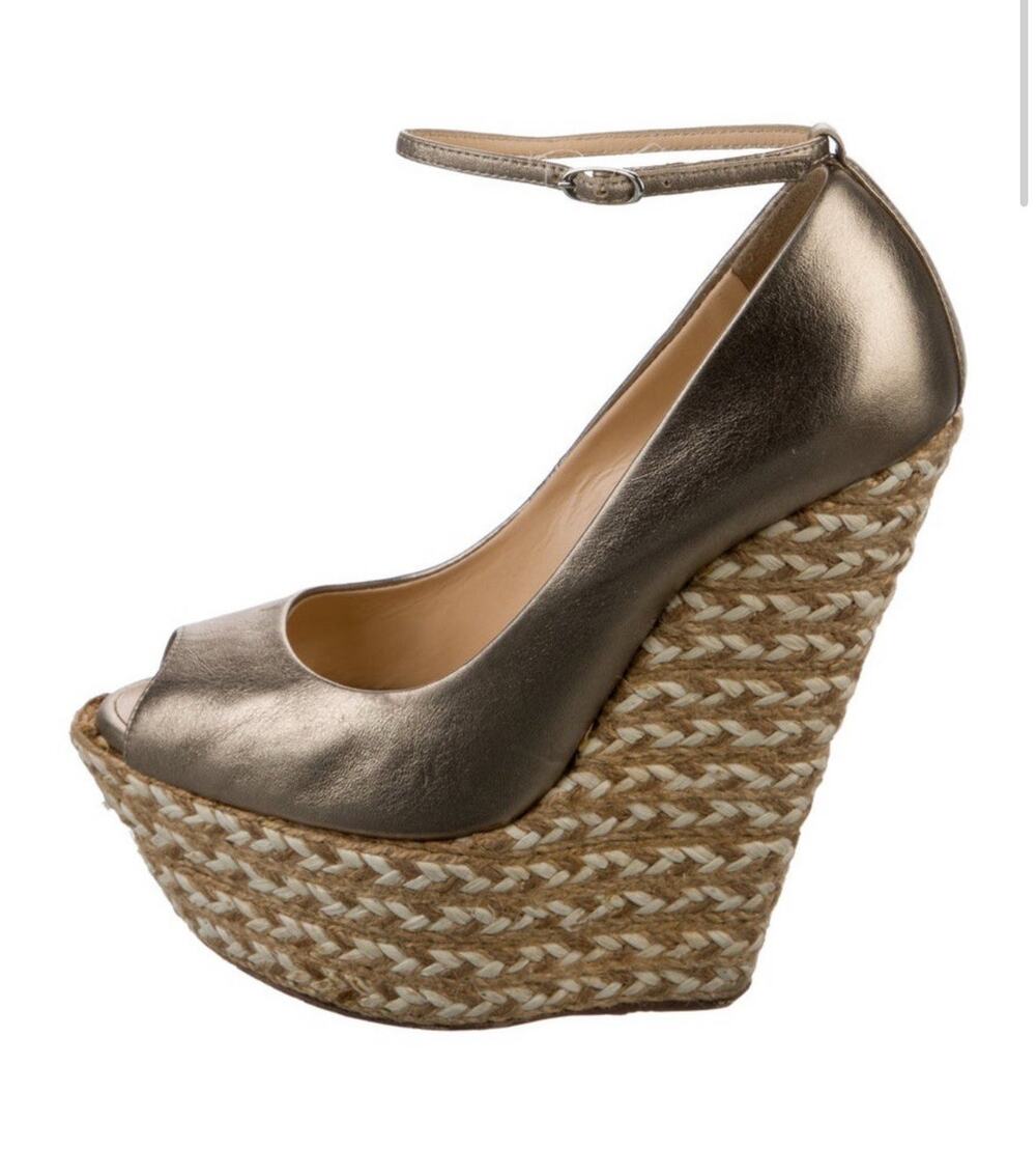 Giuseppe Zanotti Bronze Gold Peep Toe Platform Wedge Ankle Wrap Shoe Sz EU 37